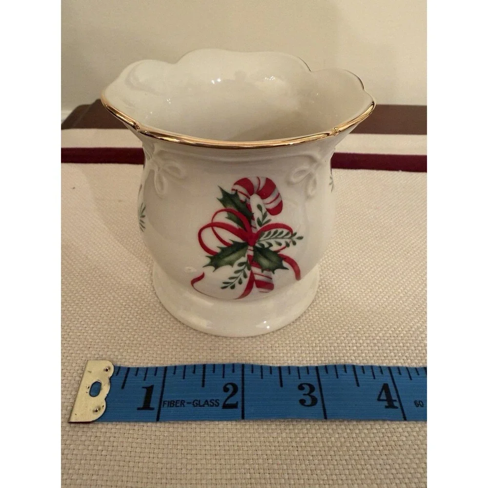 Lenox Holiday China Votive Candle Holder Candy Cane Holly Berries 24k Gold Trim